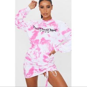 Hot pink tie dye ruched sweater dress